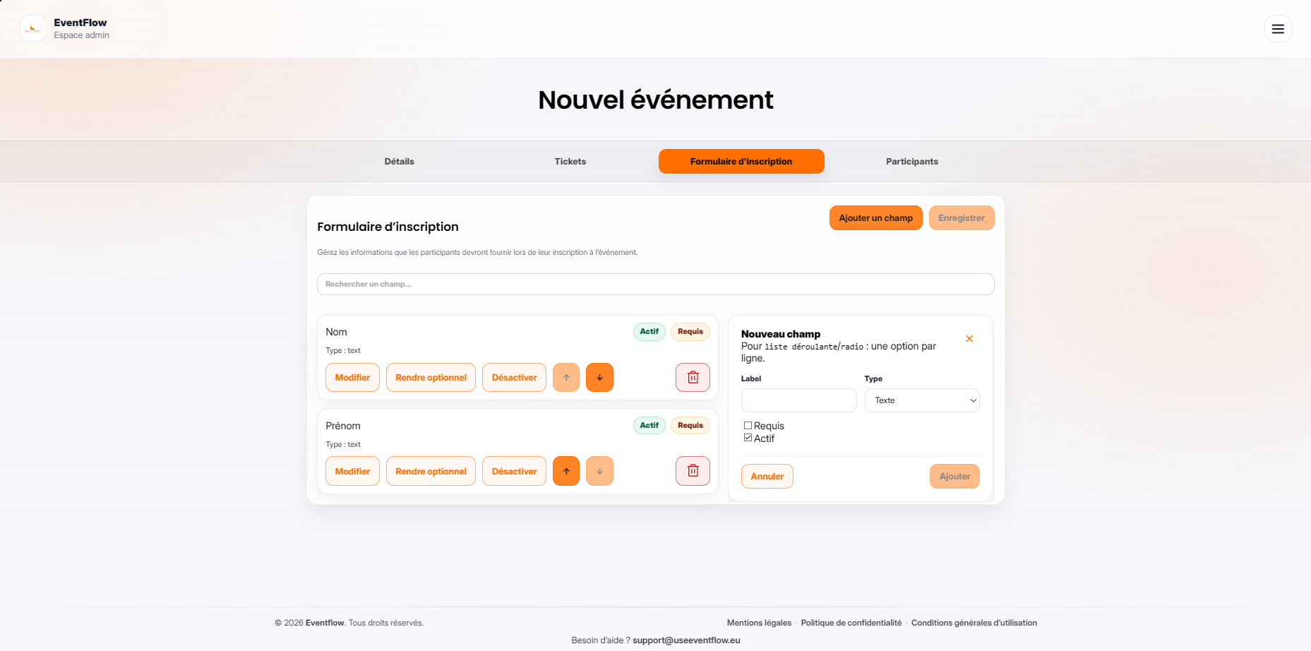 Vue formulaires EventFlow